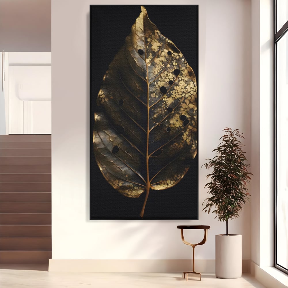 Tablou canvas cu tablou canvas cu frunza aurie pe fundal negru, in rama de aluminiu negru